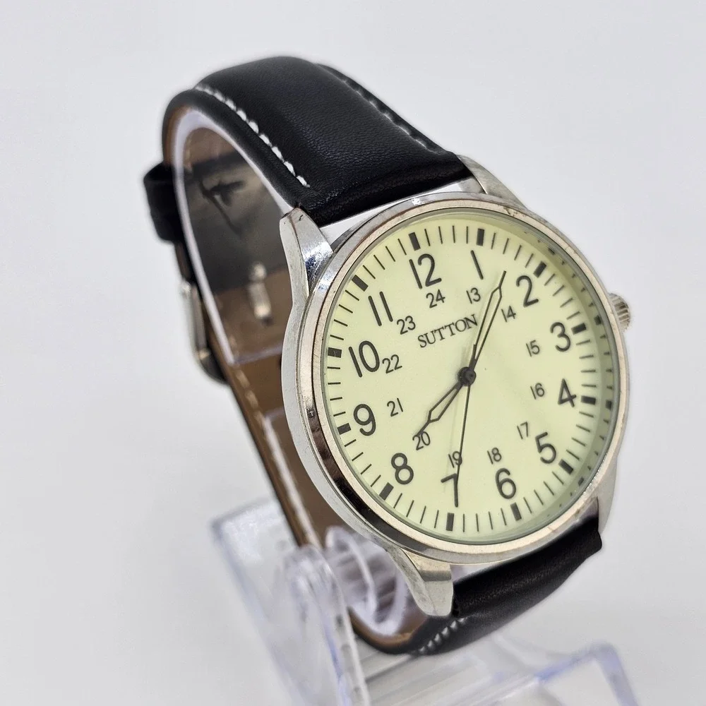 Sutton Field Men's Watch 41MM Yellow Dial NEW Black Leather Bands NEW Battery